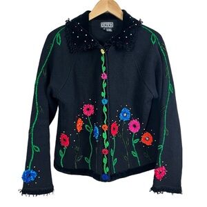 BEREK Takako Sakon Vintage 90's Knit Ramie Floral Garden Black Cardigan-Large